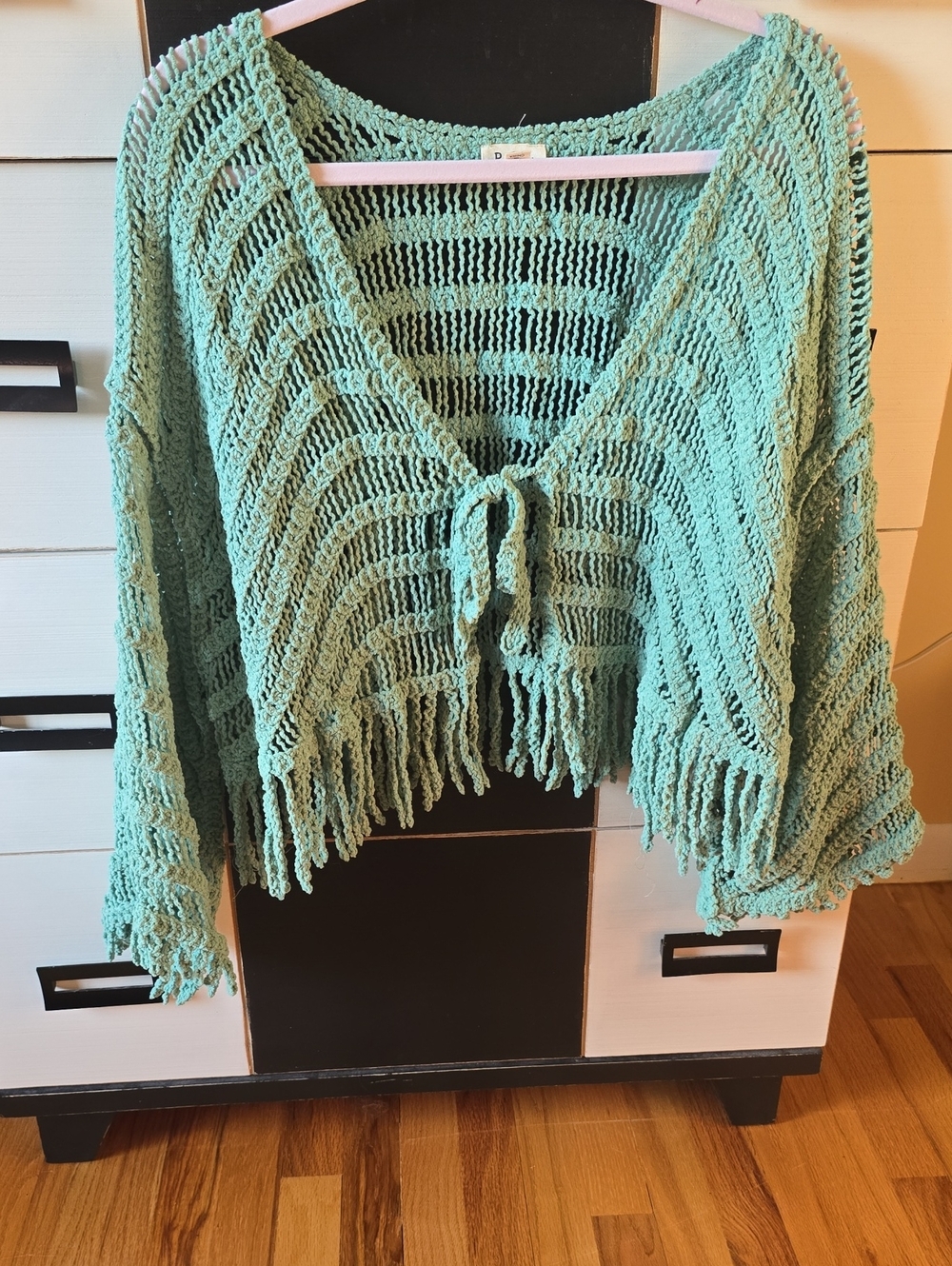 POL Light Teal Open-Knit Chenille Fringe Women's Sweater